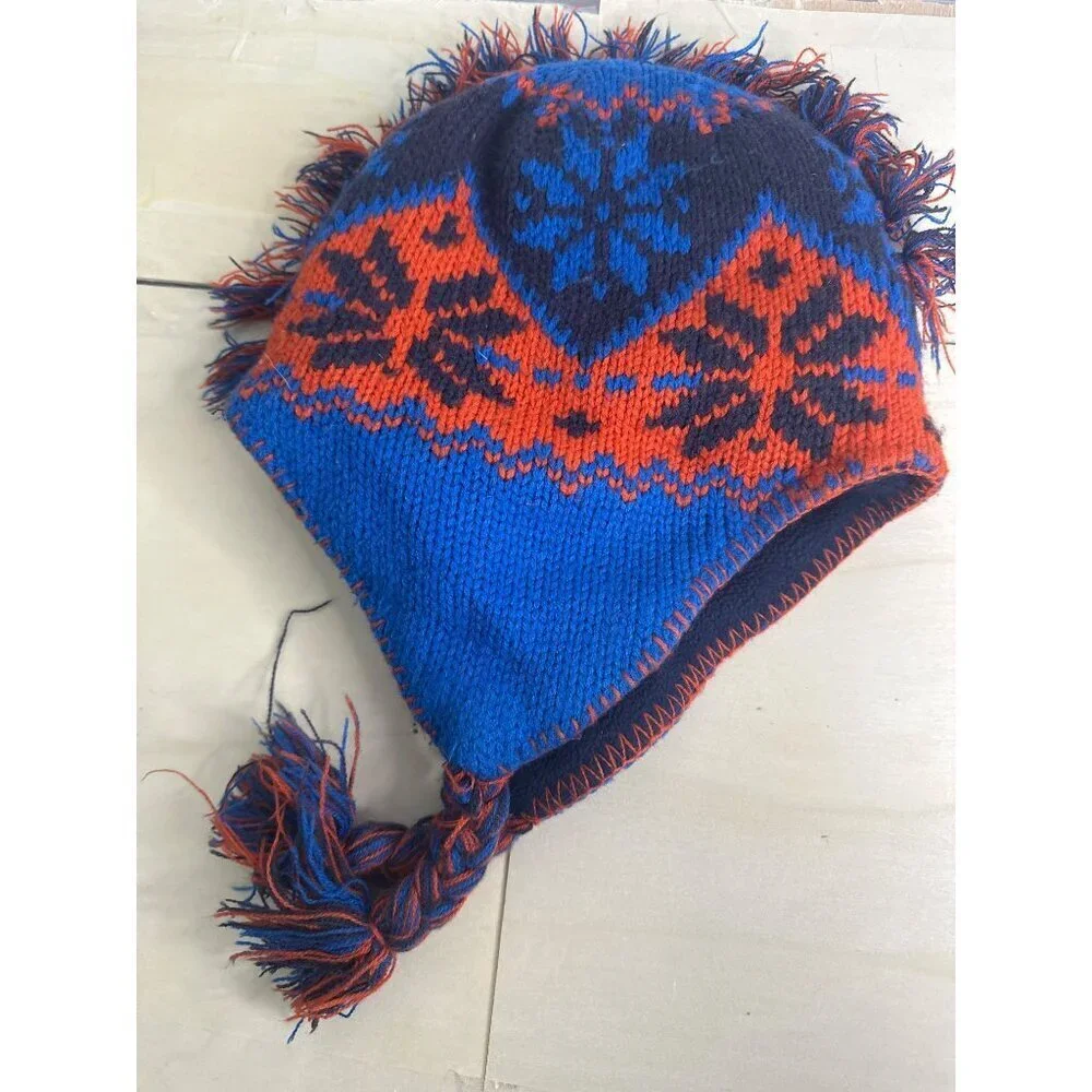 Vintage LL Bean Boys Aztec Tassel Beanie Fleece Lined Boho Southwest Winter Hat